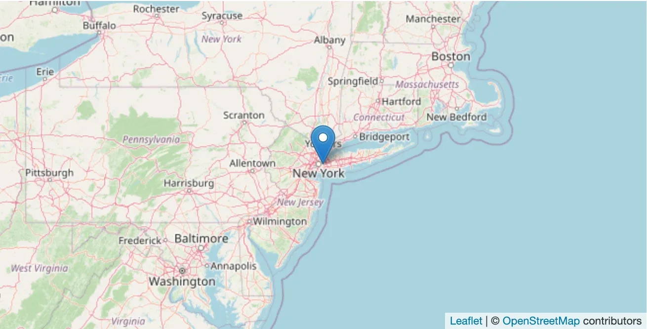 OpenStreetMap view of the north-eastern United States with a single blue pin on New York and a "Leaflet | © OpenStreetMap contributors" credit in the bottom corner.
