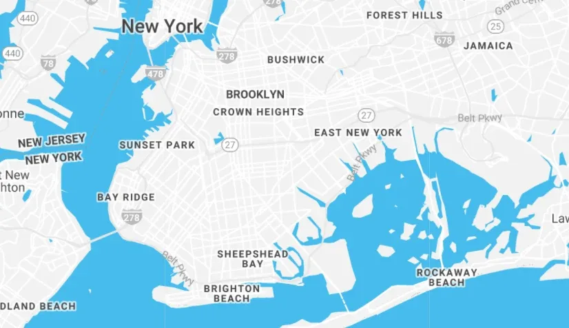 Preview of the Blue Water style: a pale grey street map of New York and Brooklyn where all the water is bright cyan.