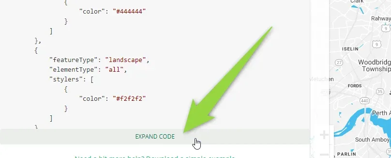 A Snazzy Maps style page: a JSON style array on the left with a green “EXPAND CODE” button under it, and a preview of the styled map on the right.
