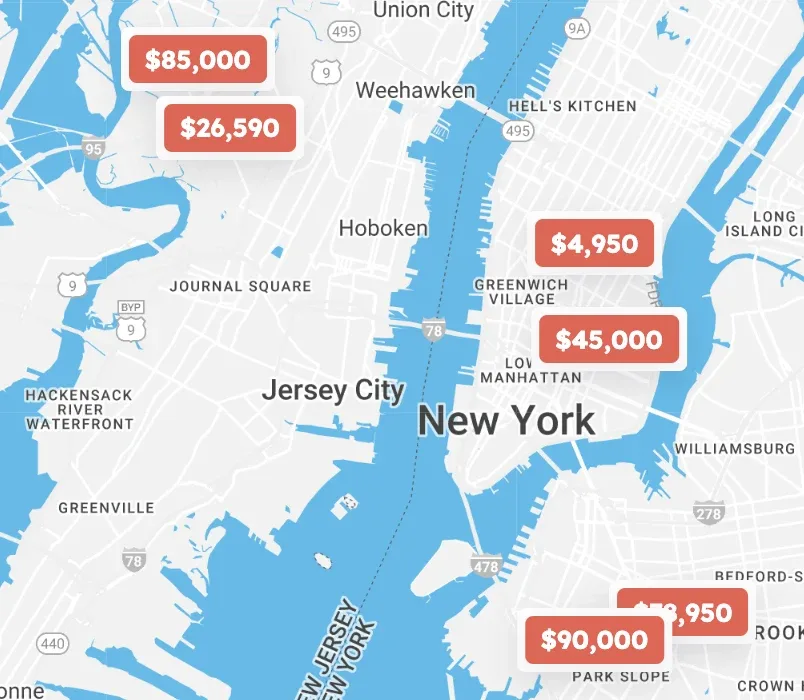 Listivo search map in the Blue Water style — pale grey streets, bright blue water around Jersey City and Manhattan — with orange price pins such as $85,000, $4,950 and $90,000.