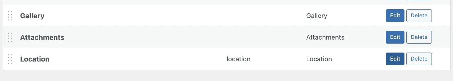 A custom fields list with rows for Gallery, Attachments and Location, each with an Edit and a Delete button.