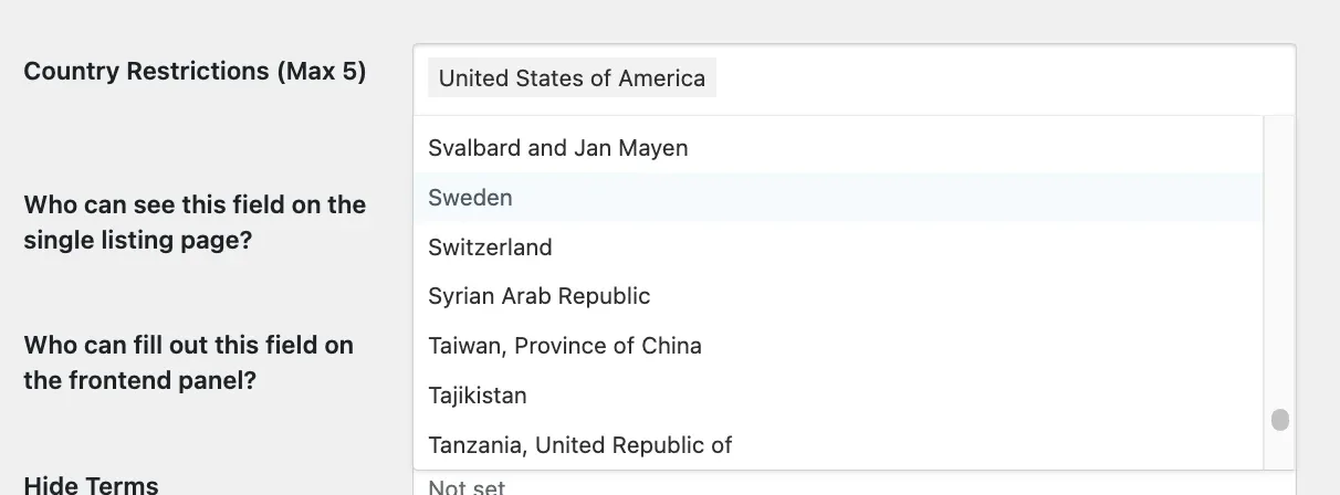 The Country Restrictions (Max 5) setting with United States of America already added, and an open country list showing Sweden, Switzerland, Syrian Arab Republic, Taiwan, Tajikistan and Tanzania.