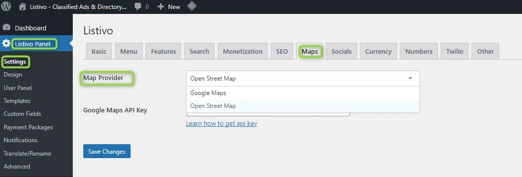 The Maps tab with the Map Provider dropdown open on Open Street Map, offering Google Maps and Open Street Map, above the Google Maps API Key field and a "Learn how to get api key" link.