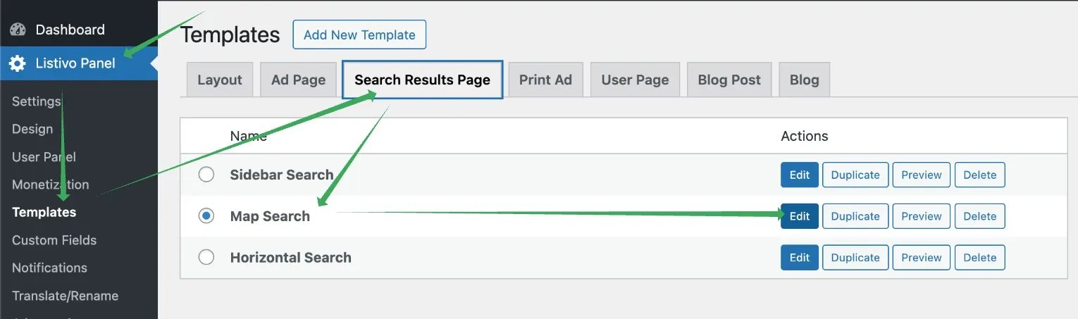 The Listivo Panel Templates screen with the Search Results Page tab selected, listing Sidebar Search, Map Search and Horizontal Search. Arrows point to the tab and to the Edit button on the Map Search row.