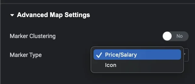The Advanced Map Settings panel with the Marker Type dropdown open, showing Price/Salary ticked and Icon as the other option, above a Marker Clustering toggle set to No.
