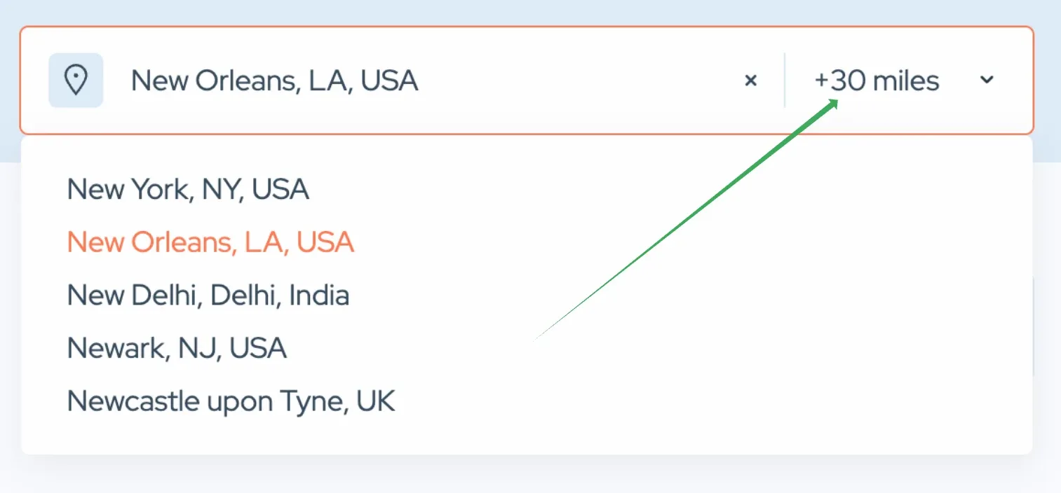 Location search field on a site with "New Orleans, LA, USA" entered and a radius selector reading "+30 miles" next to it, which a green arrow points at; the autocomplete list below offers New York, New Orleans, New Delhi, Newark and Newcastle upon Tyne.