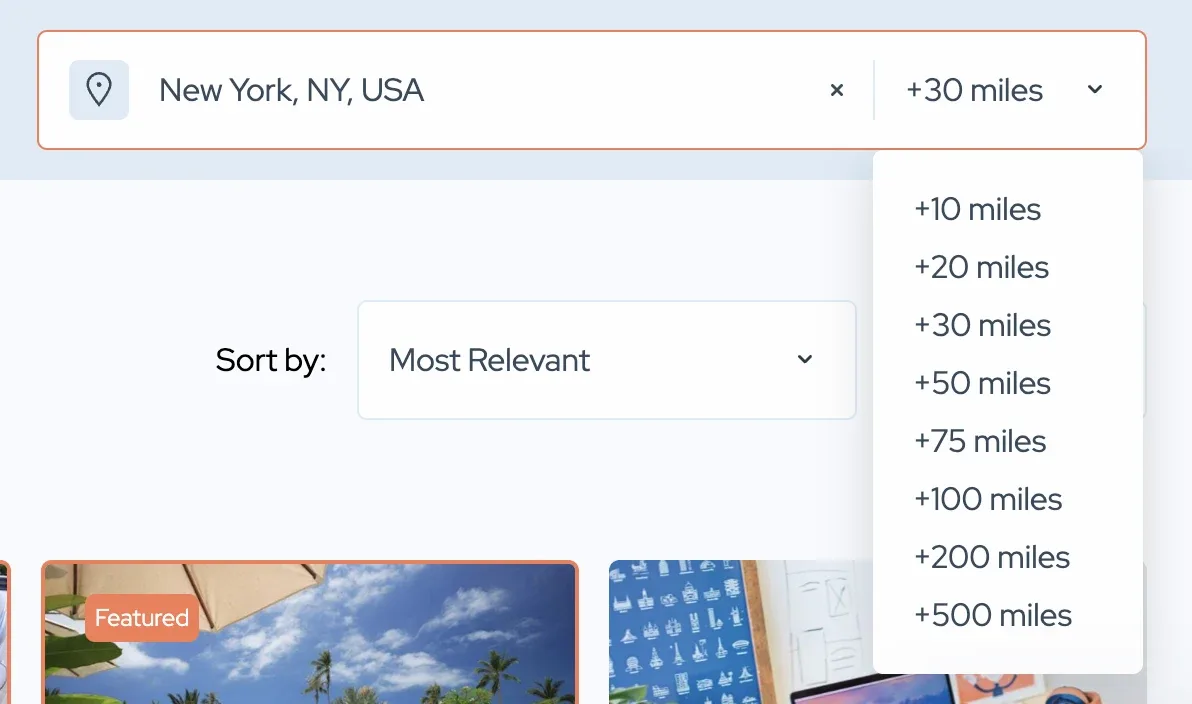 Location search set to New York, NY, USA, with a list of distances from 10 to 500 miles open