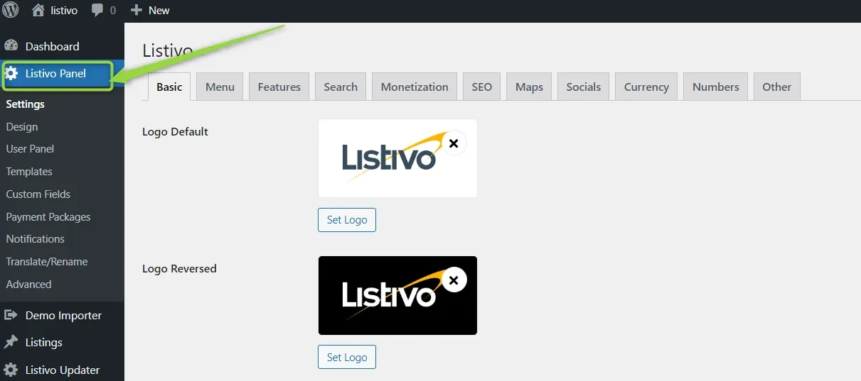 The WordPress sidebar with Listivo Panel selected and its Settings submenu open (Design, User Panel, Templates, Custom Fields, Payment Packages, Notifications, Translate/Rename, Advanced), beside the panel's Basic tab with the logo uploads.