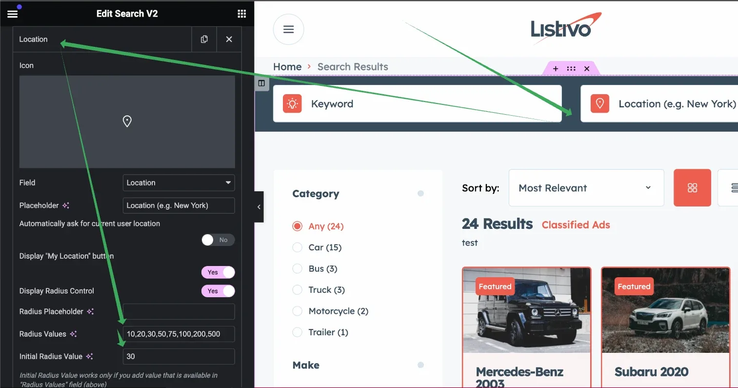 The Elementor "Edit Search V2" panel with a Location field selected, showing "Radius Values" set to 10,20,30,50,75,100,200,500 and "Initial Radius Value" set to 30, with arrows pointing to the location input in the search results preview.