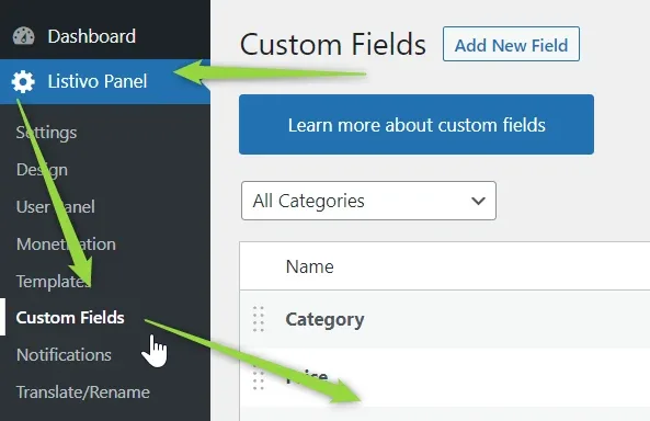 WordPress sidebar with Listivo Panel expanded and Custom Fields highlighted; the Custom Fields screen lists fields such as Category, with an Add New Field button at the top.