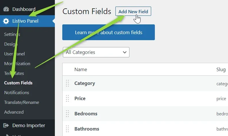 Custom Fields screen with arrows pointing at Custom Fields in the Listivo Panel menu and at the Add New Field button; the table lists Category, Price, Bedrooms and Bathrooms.