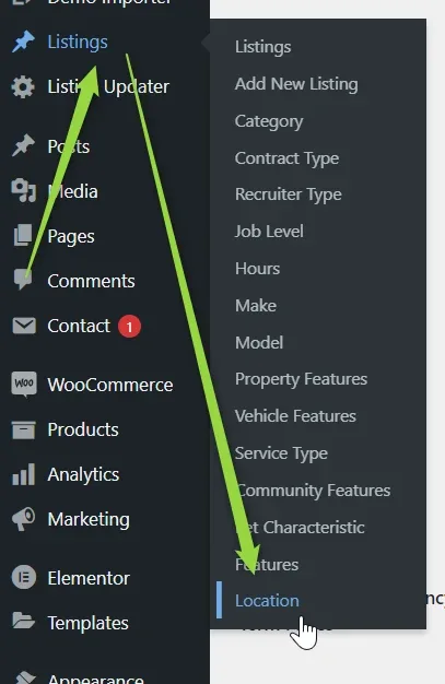 WordPress admin menu with the Listings submenu open — Category, Contract Type, Make, Model, Features and more — and Location highlighted near the bottom.