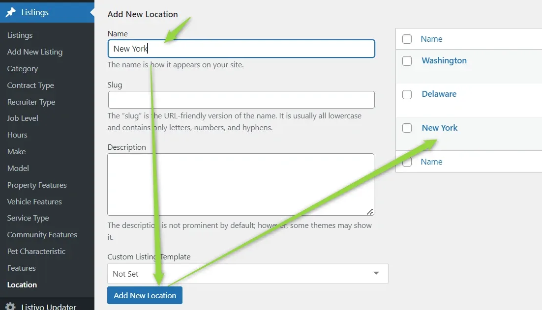 Add New Location screen with "New York" typed in the Name field and the Add New Location button below; the term list on the right already shows Washington, Delaware and New York.