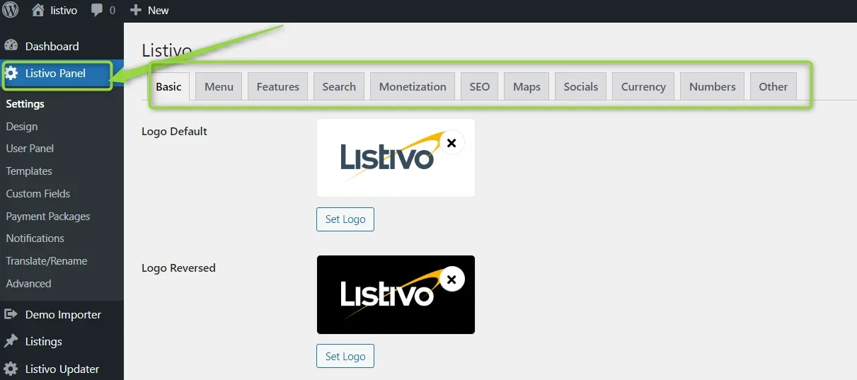 The same Listivo settings screen with the tab row framed: Basic, Menu, Features, Search, Monetization, SEO, Maps, Socials, Currency, Numbers and Other.