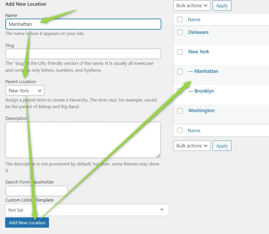 Add New Location form with "Manhattan" in the Name field and Parent Location set to New York; the term list shows Manhattan and Brooklyn indented beneath New York.