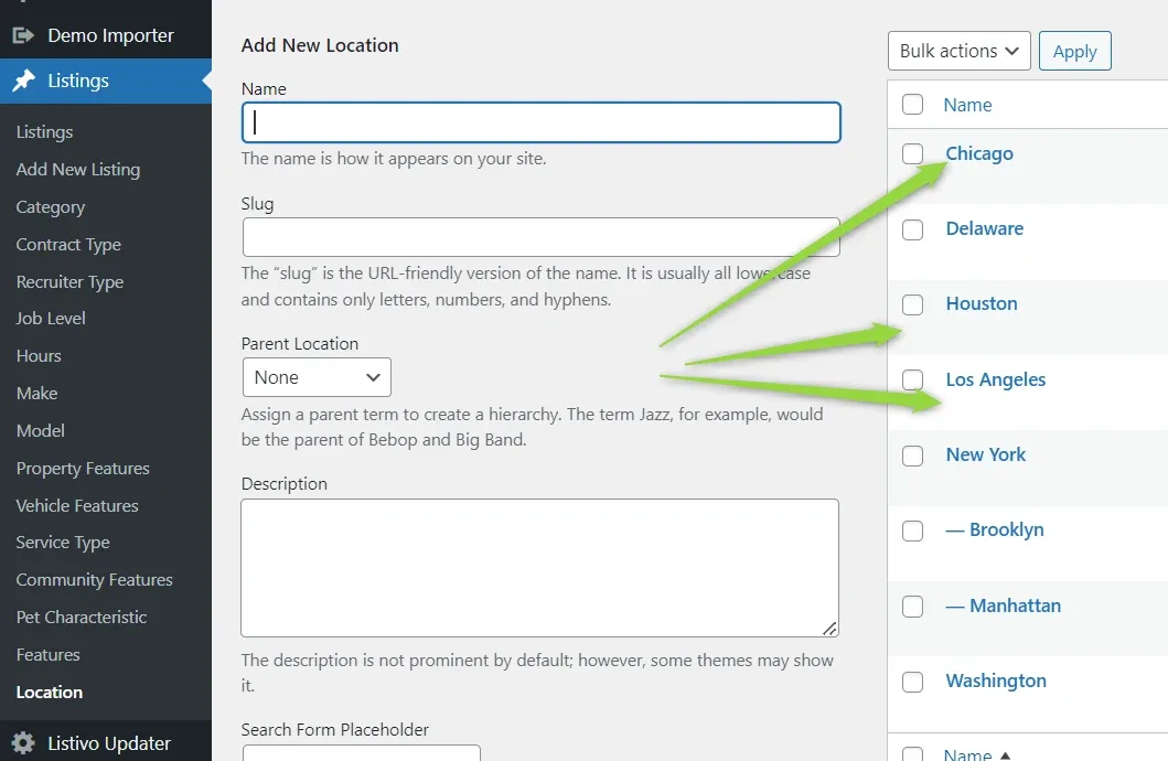 Add New Location screen whose term list now includes Chicago, Houston and Los Angeles alongside New York with its Brooklyn and Manhattan children, Delaware and Washington.