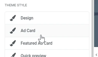 Theme Style list showing Design, Ad Card, Featured Ad Card and Quick preview, with the cursor on Ad Card.