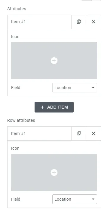 Ad card editor with an Attributes item and a Row attributes item, each showing an empty icon box and Field set to Location, plus an ADD ITEM button between them.