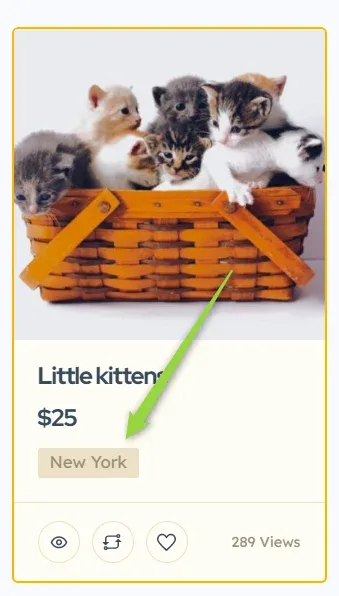 Listing card titled "Little kittens" priced $25, with a photo of kittens in a basket and an arrow pointing at the New York location tag under the price.