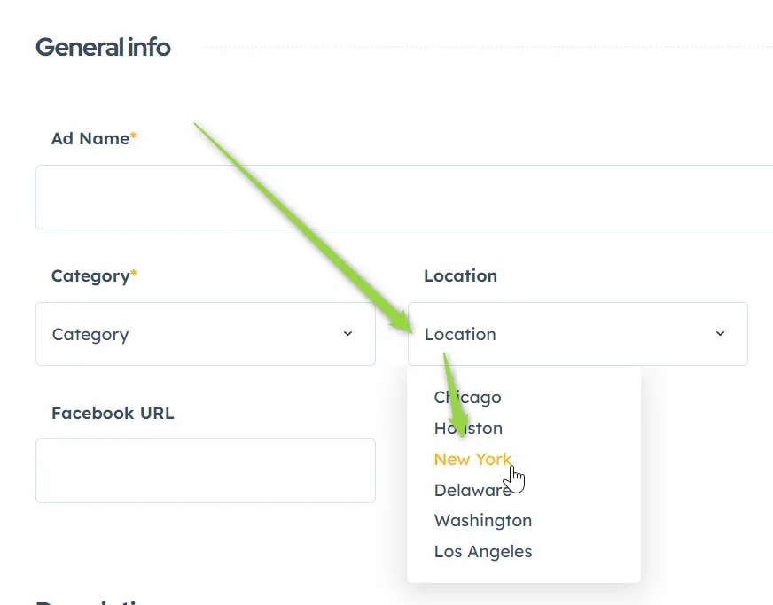 Front-end add ad form, General info section, with the Location dropdown open and listing Chicago, Houston, New York, Delaware, Washington and Los Angeles.