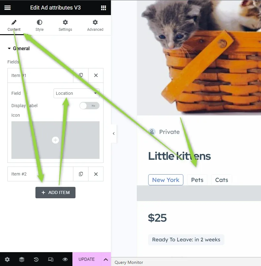 Elementor "Edit Ad attributes V3" panel with Item #1 Field set to Location and an ADD ITEM button; the preview beside it shows the "Little kittens" ad with New York, Pets and Cats tags.