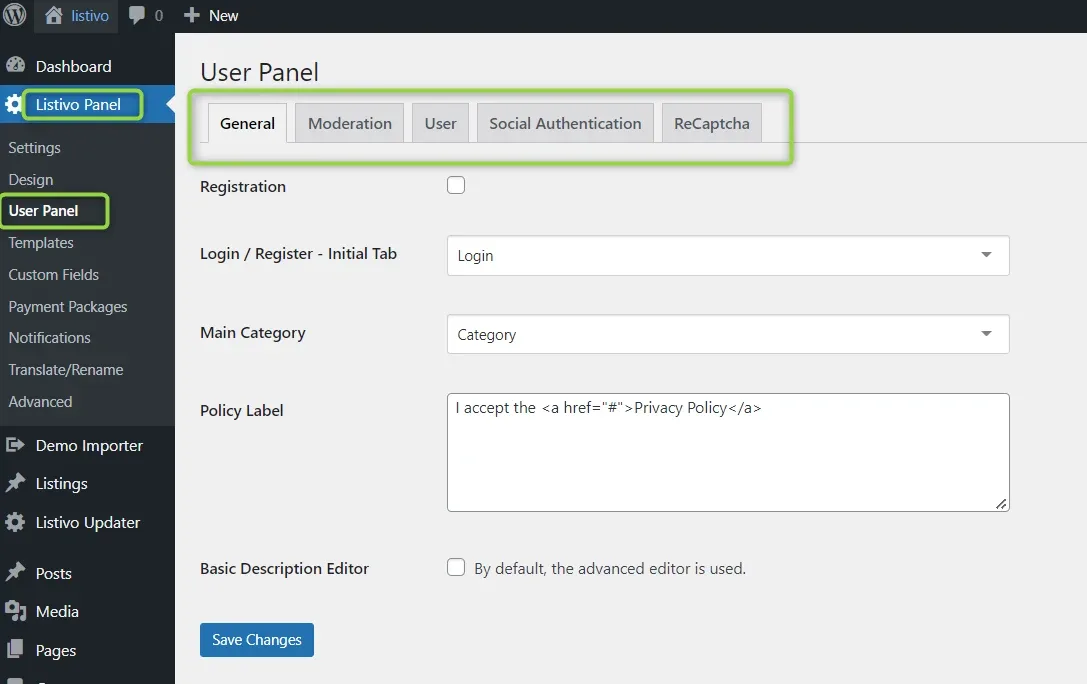 The User Panel screen with its tabs framed — General, Moderation, User, Social Authentication, ReCaptcha — above the Registration switch, the Login / Register initial tab selector, Main Category, Policy Label and Basic Description Editor options.