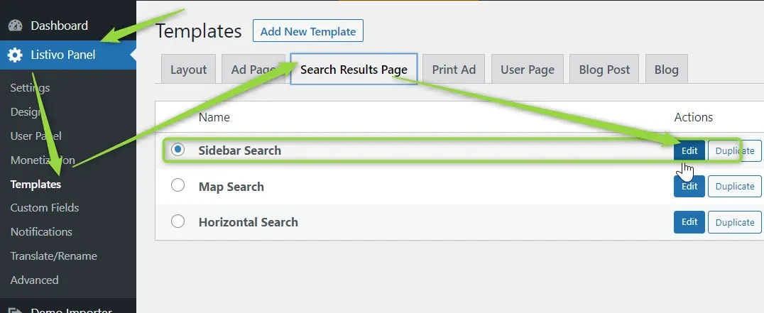Templates screen with the Search Results Page tab open, listing Sidebar Search, Map Search and Horizontal Search; Sidebar Search is selected and its Edit button highlighted.