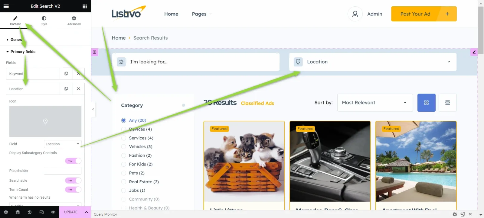 Elementor search widget editor with a Location field in the Primary fields list, next to a preview of the Listivo search results page showing an "I'm looking for..." box and a Location box above the results.