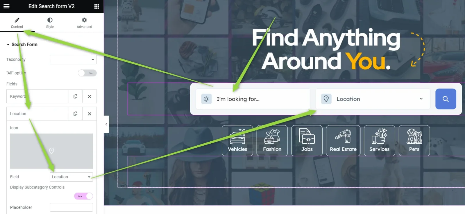 Elementor "Edit Search form V2" panel with a Location field in the field list, beside the homepage hero "Find Anything Around You." showing the search box and a Location box.