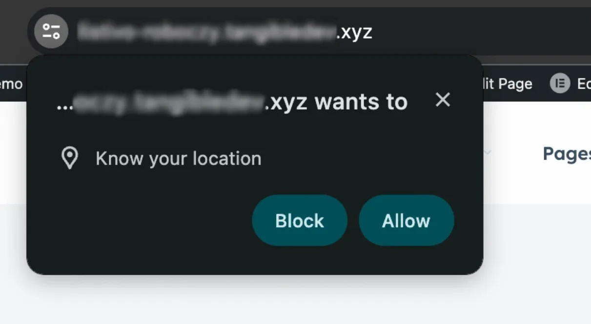 Browser permission bubble over a page, reading "….xyz wants to Know your location" with Block and Allow buttons; the site's domain is blurred out.
