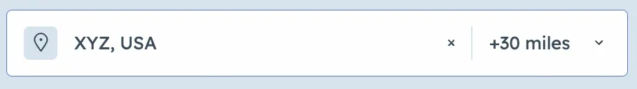 A search bar with a pin icon, a filled-in location reading "XYZ, USA", a clear button, and a radius selector set to "+30 miles".