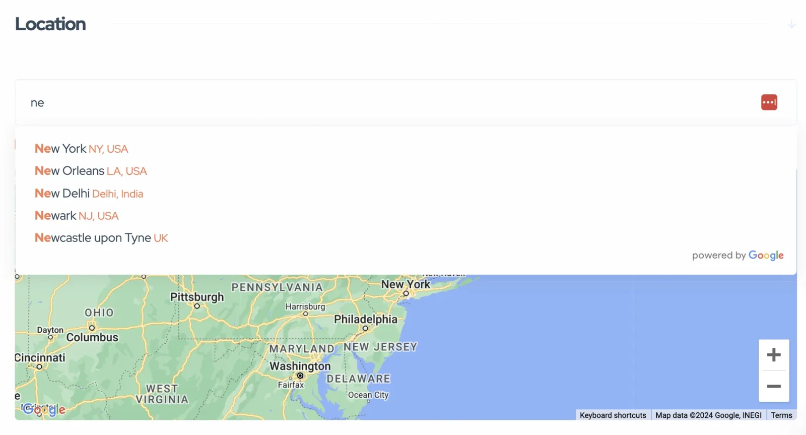 Front-end Location step with "ne" typed in the box and a Google-powered suggestion list — New York, New Orleans, New Delhi, Newark, Newcastle upon Tyne — over a Google map of the north-eastern United States.