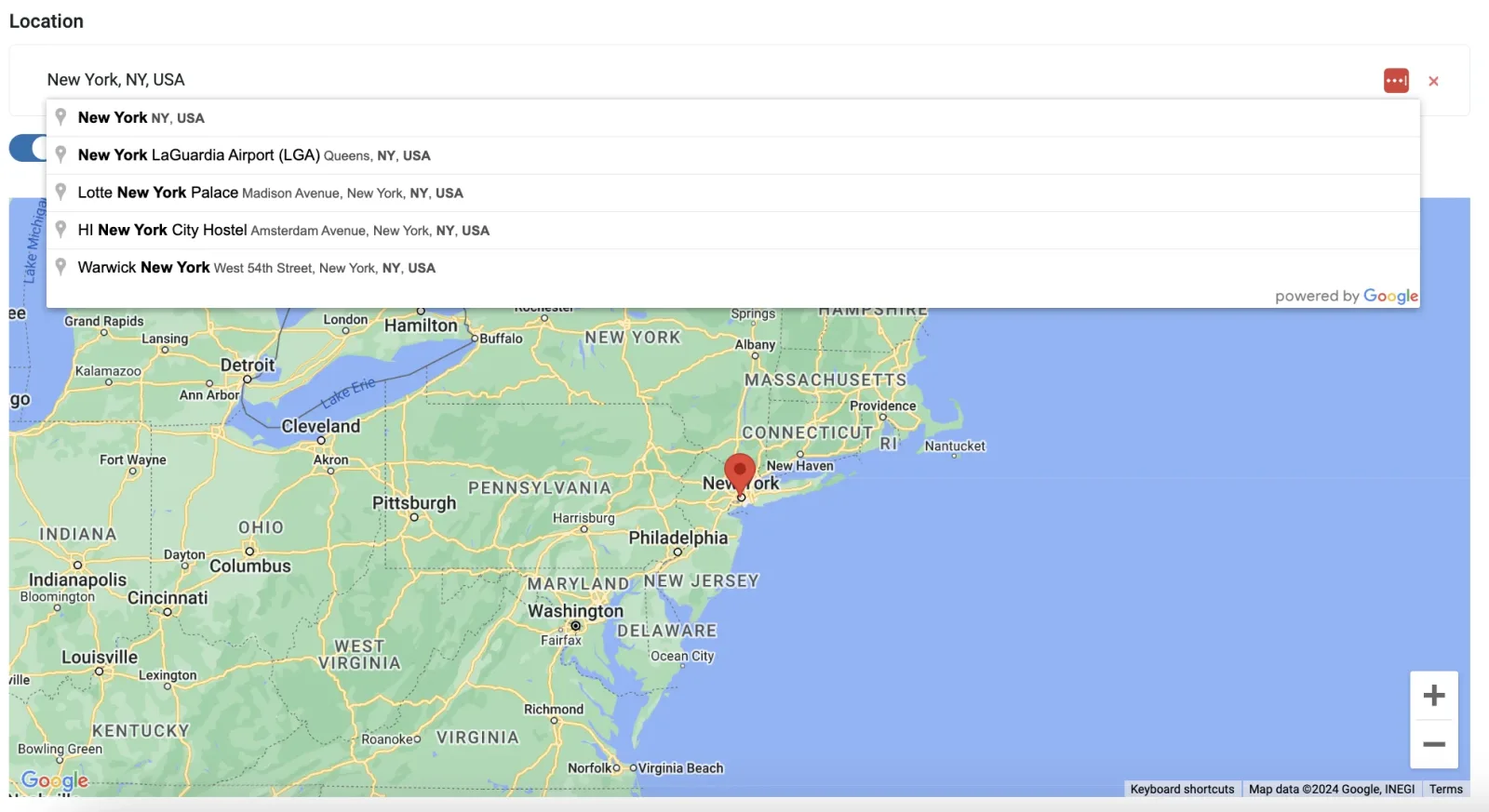 Back-end Location field with "New York, NY, USA" typed in and suggestions that include venues such as New York LaGuardia Airport, Lotte New York Palace and Warwick New York, above a Google map pinned on New York.