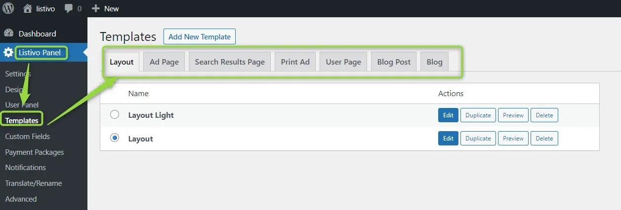 The Templates screen in the Listivo Panel: tabs for Layout, Ad Page, Search Results Page, Print Ad, User Page, Blog Post and Blog, and two saved layouts — Layout Light and Layout — each with Edit, Duplicate, Preview and Delete buttons.