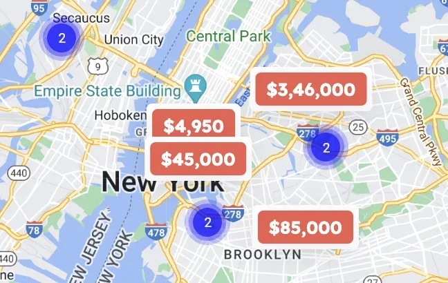 A map of New York showing red price tags such as $4,950 and $85,000 alongside blue circular markers labelled "2".