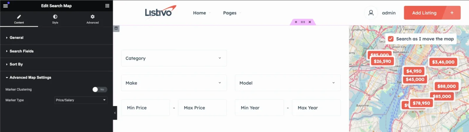 The Elementor "Edit Search Map" panel with Advanced Map Settings expanded, showing a Marker Clustering toggle and a Marker Type selector, next to a preview of the search page and its map.