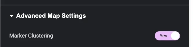 The Advanced Map Settings section with the Marker Clustering toggle switched to Yes.