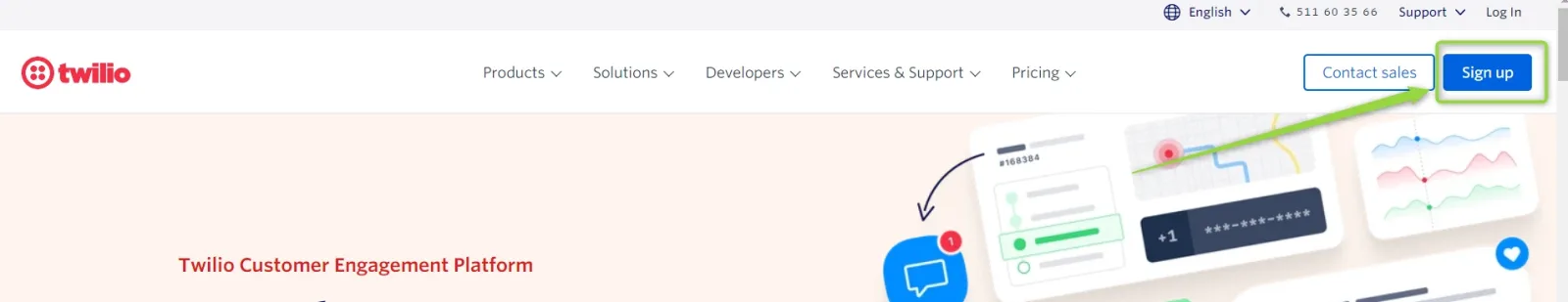 The Twilio home page with the Sign up button highlighted in the top-right corner, next to Contact sales.