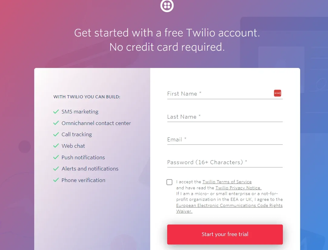 Twilio's "Get started with a free Twilio account. No credit card required." sign-up form with first name, last name, email and password fields, a terms checkbox, and a red "Start your free trial" button.