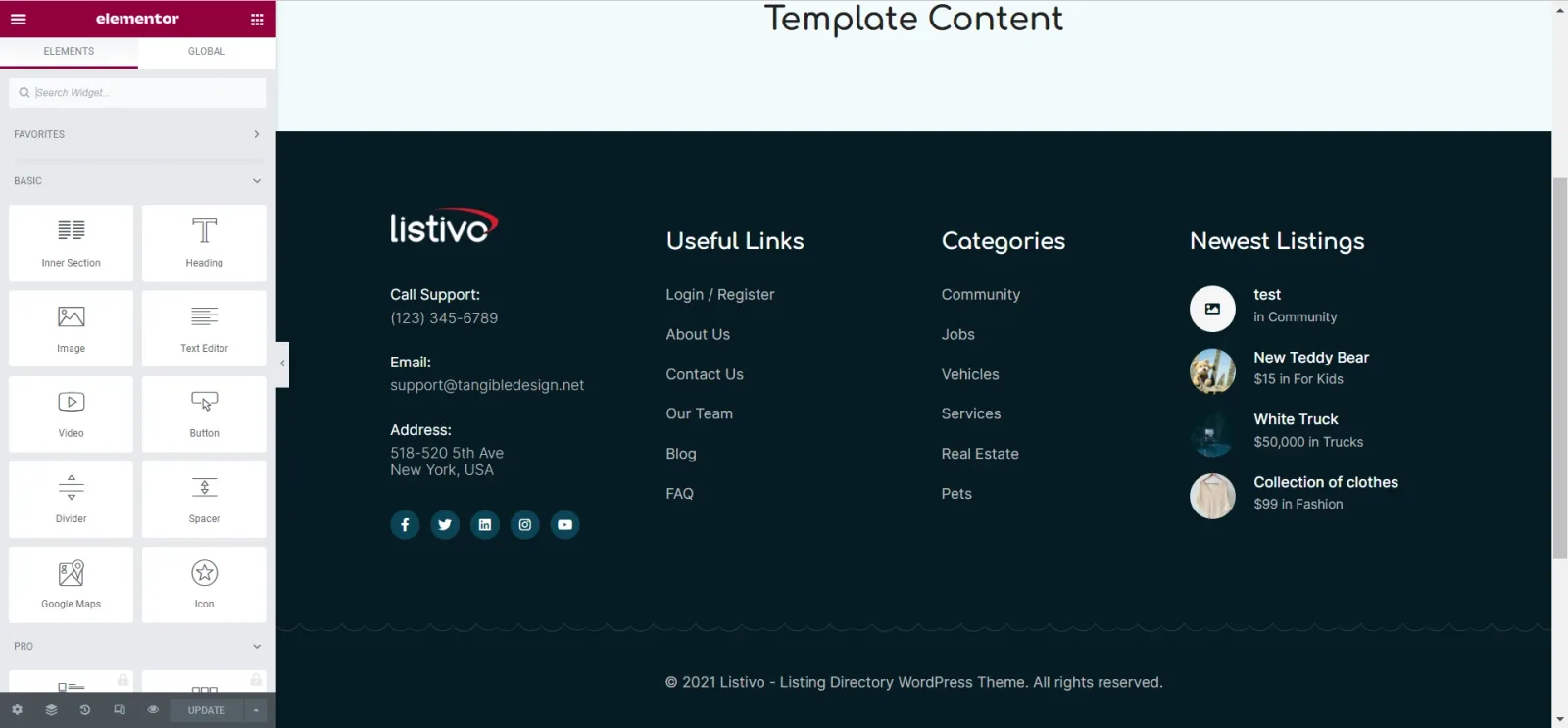A Listivo layout open in Elementor: an empty "Template Content" area where the page content is injected, with the site footer below it — logo and contact details, Useful Links, Categories and Newest Listings columns, and the copyright line.