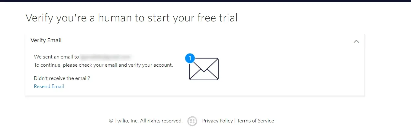 Twilio's "Verify you're a human to start your free trial" page with the Verify Email panel open, saying an email was sent, and a "Resend Email" link.