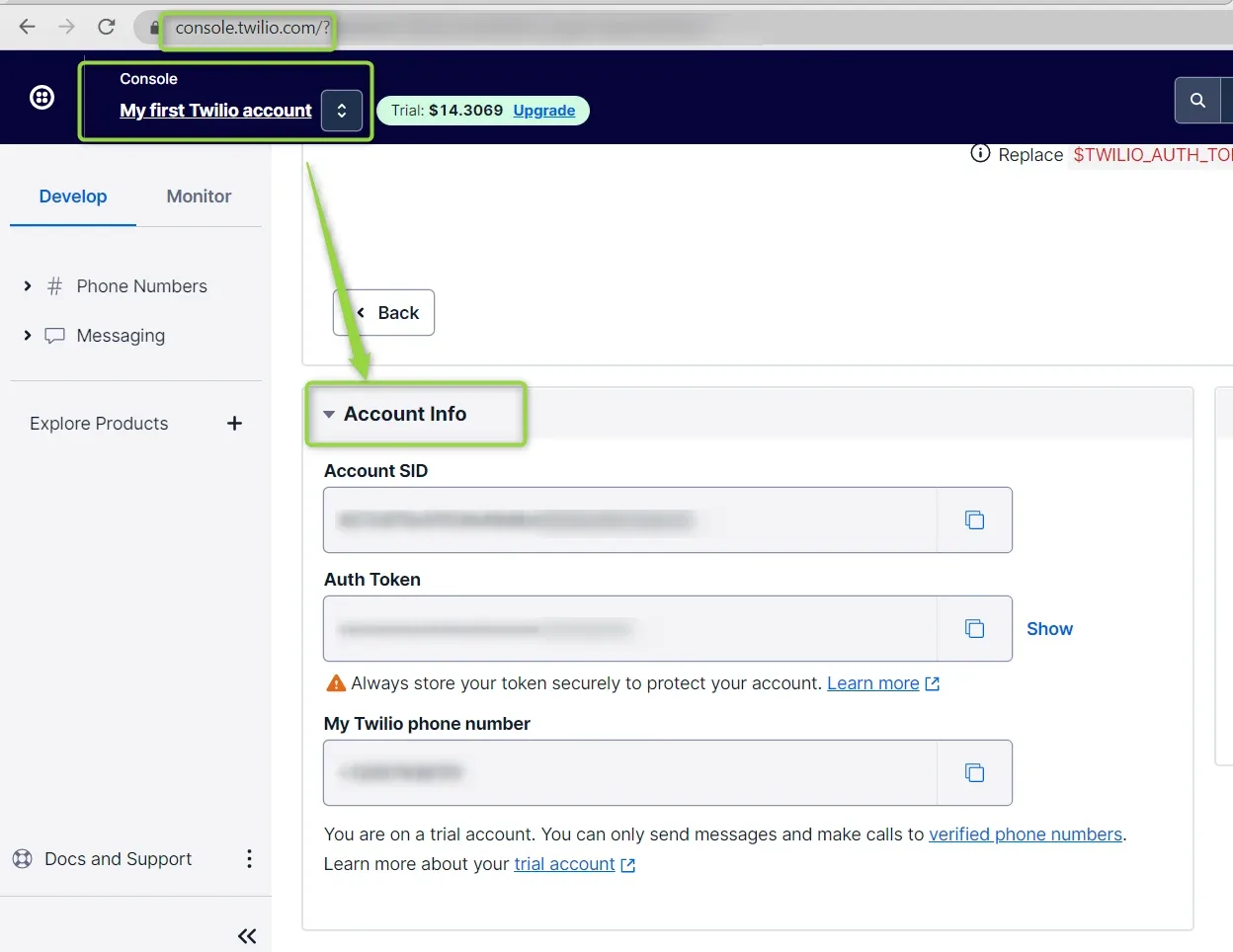 The Twilio console with the account switcher at the top highlighted and the Account Info panel open below it, listing Account SID, a masked Auth Token with a Show link, and My Twilio phone number.