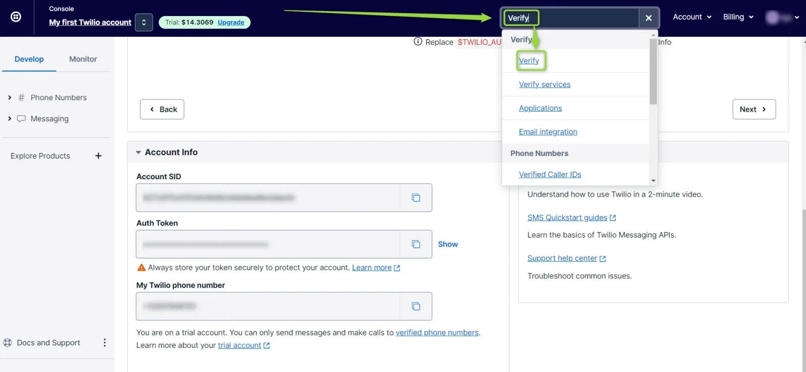 The Twilio console search box at the top of the page with "verify" typed in and a results dropdown open; the first entry, Verify, is highlighted.