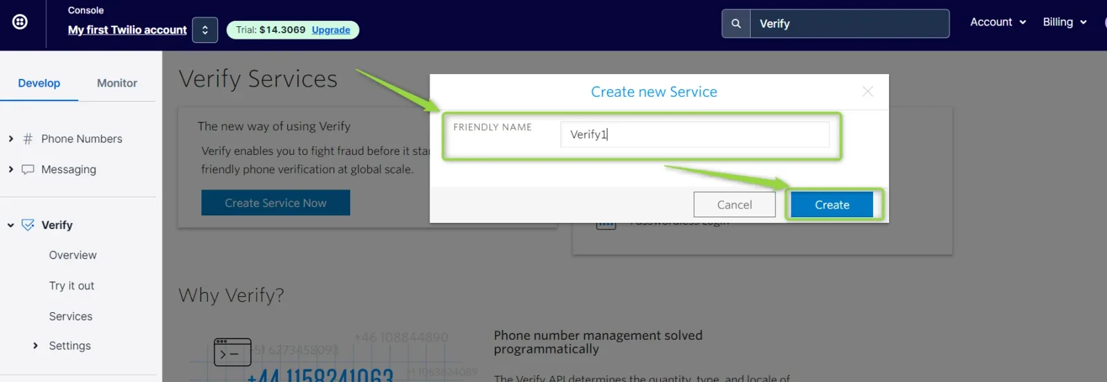 The "Create new Service" dialog with a friendly-name field filled in and Cancel and Create buttons; the Create button is highlighted.