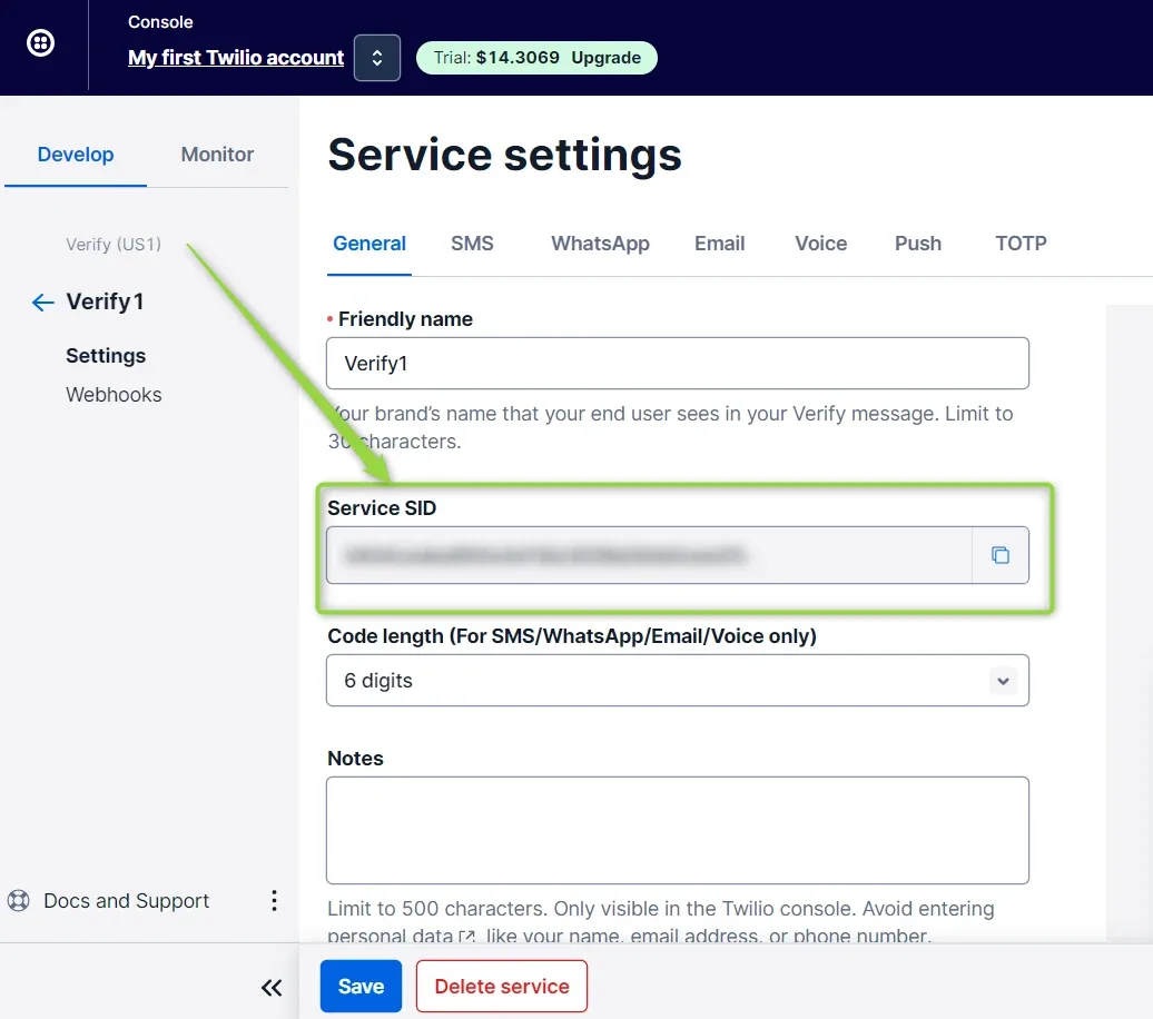 The Verify service settings page showing the Friendly name field and, highlighted below it, the masked Service SID with a copy button beside it.