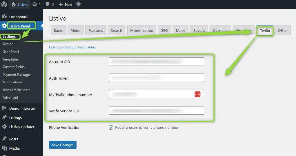 The Listivo Panel Settings screen in wp-admin with the Twilio tab selected, showing empty Account SID, Auth Token, My Twilio phone number and Verify Service SID fields, a "Require users to verify phone number" checkbox, and a Save Changes button.