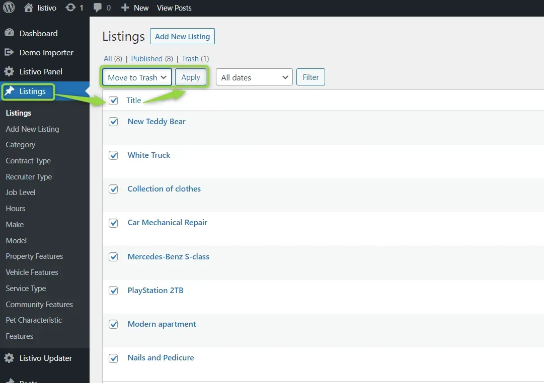 The WordPress Listings screen with every demo listing ticked and the bulk action menu set to Move to Trash next to the Apply button.