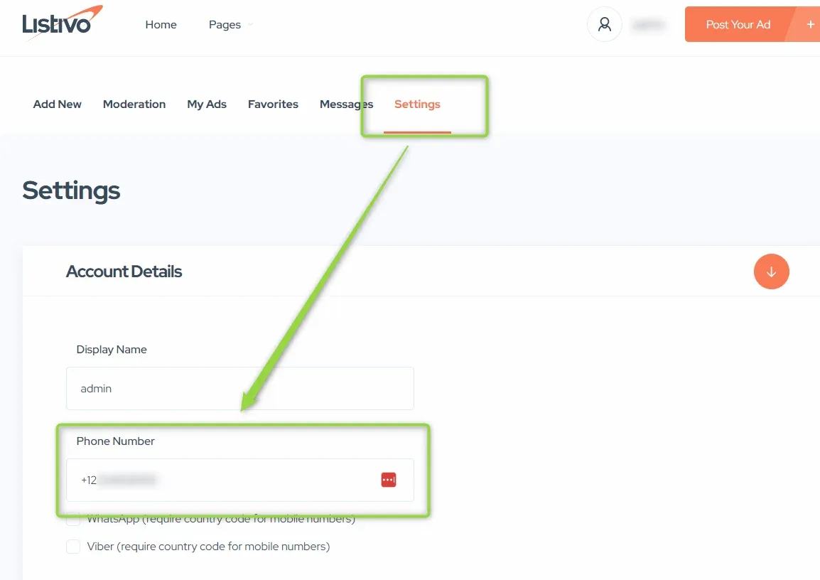 The Listivo front-end user Settings page with the Settings tab highlighted and the Phone Number field under Account Details highlighted, above WhatsApp and Viber checkboxes that note a country code is required.
