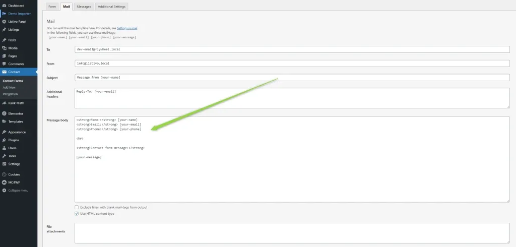 The Mail tab of the Contact Form 7 edit screen, with To, From, Subject and Additional headers fields above a Message body text area containing mail tags; the Message body area is highlighted.