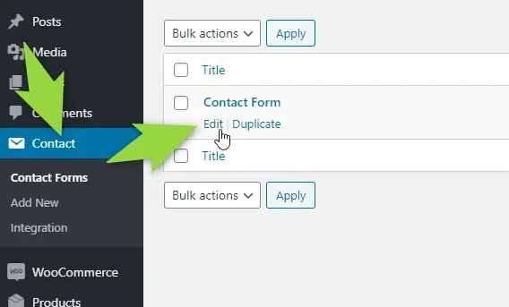 The Contact Forms list in the WordPress admin, with green arrows pointing at the Contact menu in the sidebar and at the Edit link under a form named Contact Form